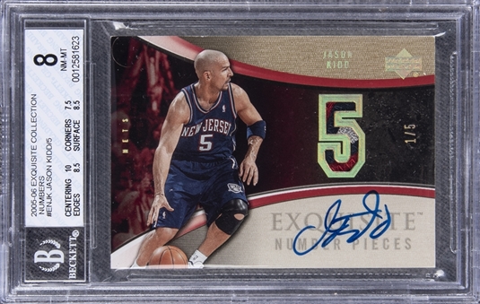 2005-06 UD "Exquisite Collection" Number Pieces #ENJK Jason Kidd Signed Game Used Patch Card (#1/5) – BGS NM-MT 8/BGS 10